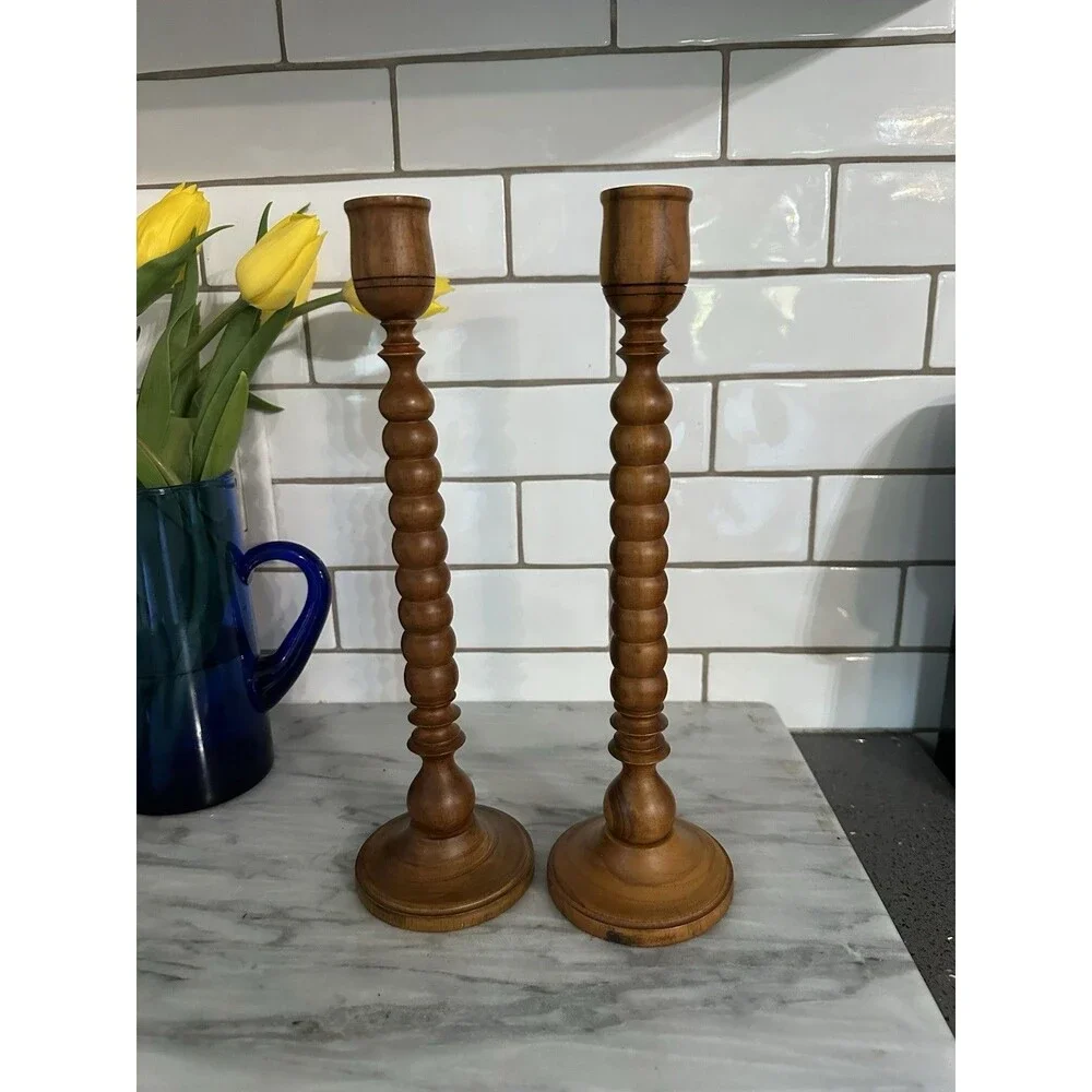 Vintage Wood Turned  Victorian Style Spindle Candlestick Holders Set 2 Indonesia